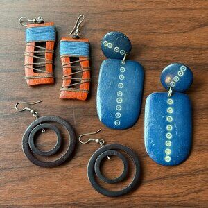 Earthy Blue and Brown Wood Earring Lot